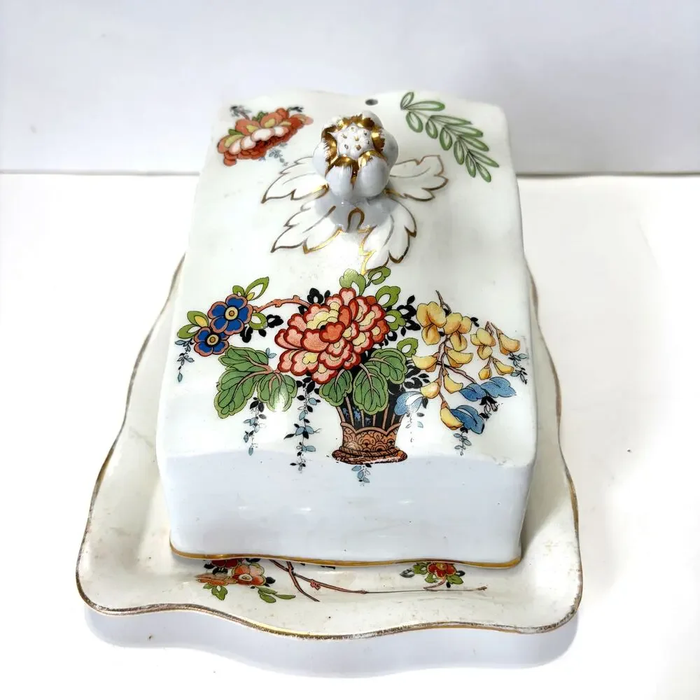 Vintage Floral Covered Cheese Keeper Butter Dish Gold Trim